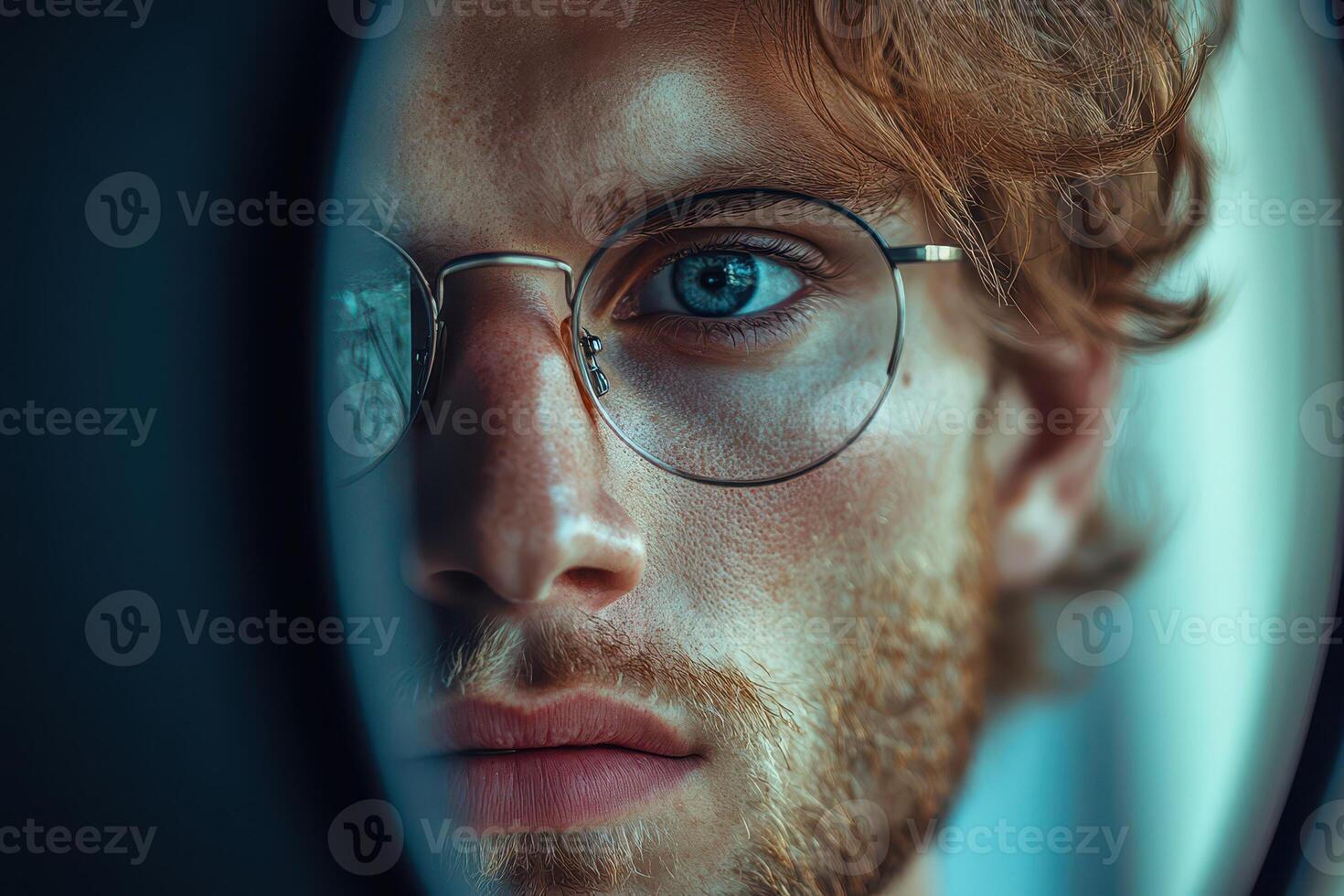 A man with glasses looking into a mirror photo