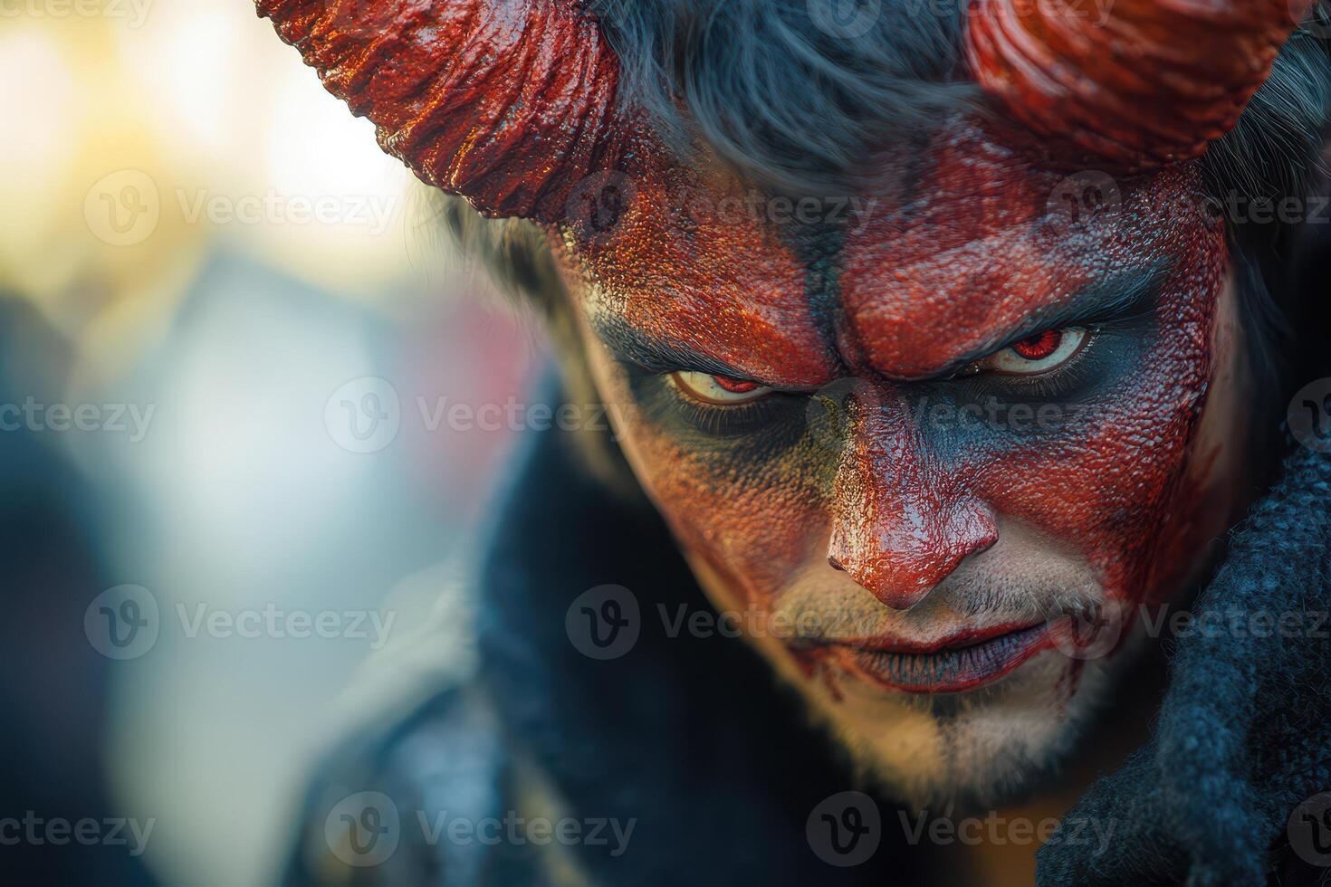 A man with devil horns and red paint on his face photo
