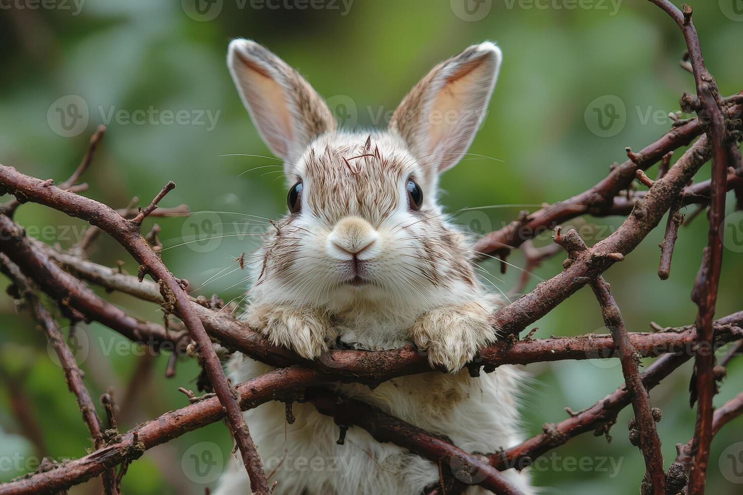 A rabbit is sitting on a branch in the woods photo