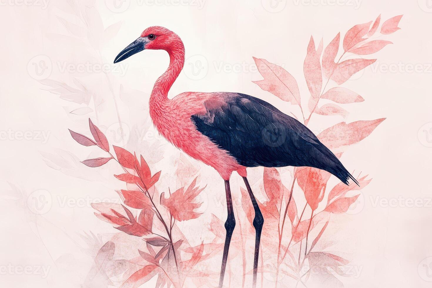 Watercolor painting of a flamingo in the wild photo