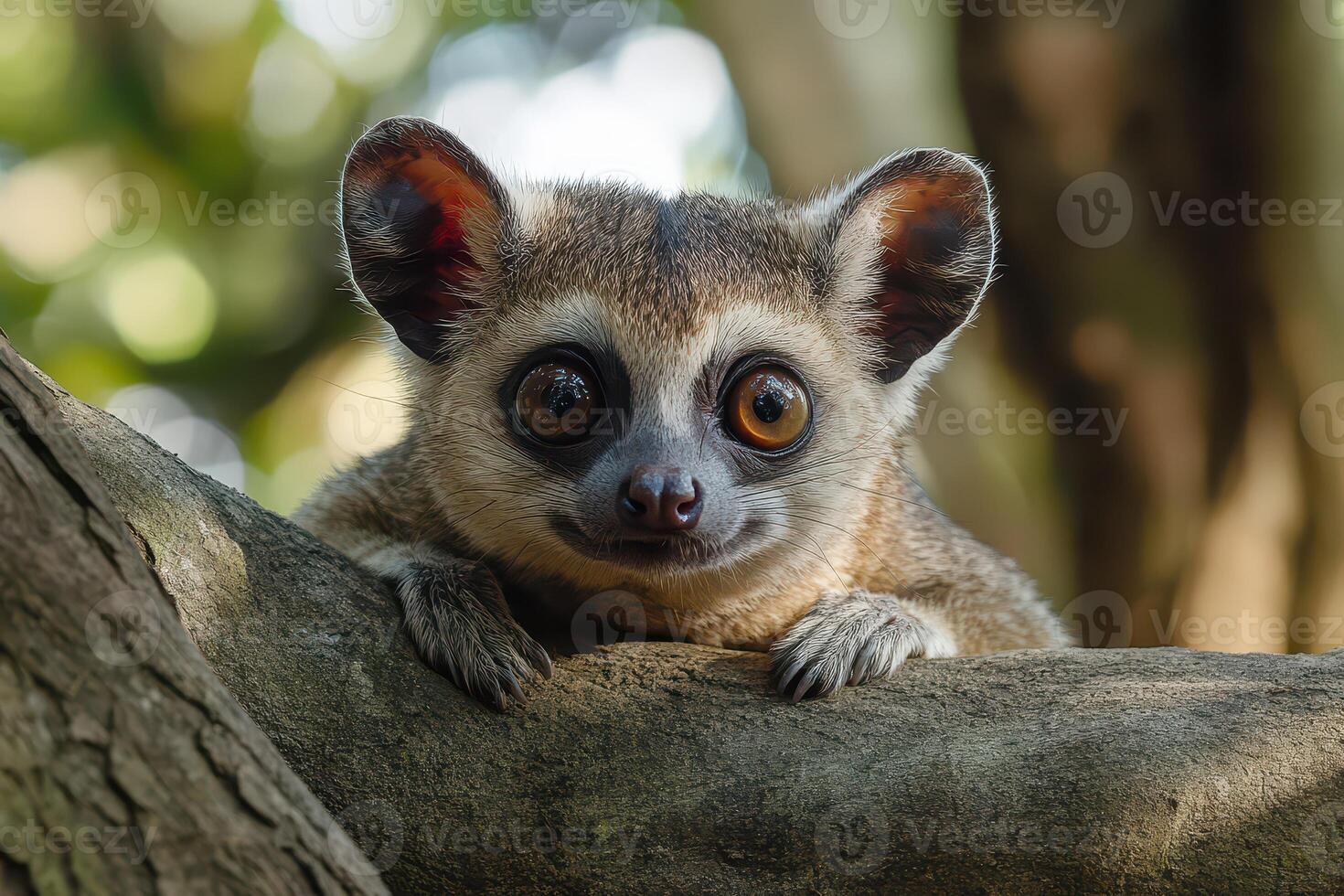 A small animal with big eyes sitting on a tree branch photo