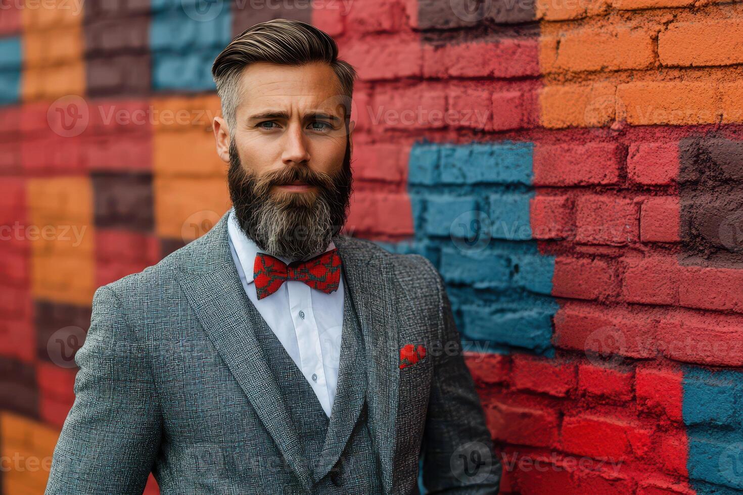 A man with a beard and bow tie standing in front of a colorful wall photo