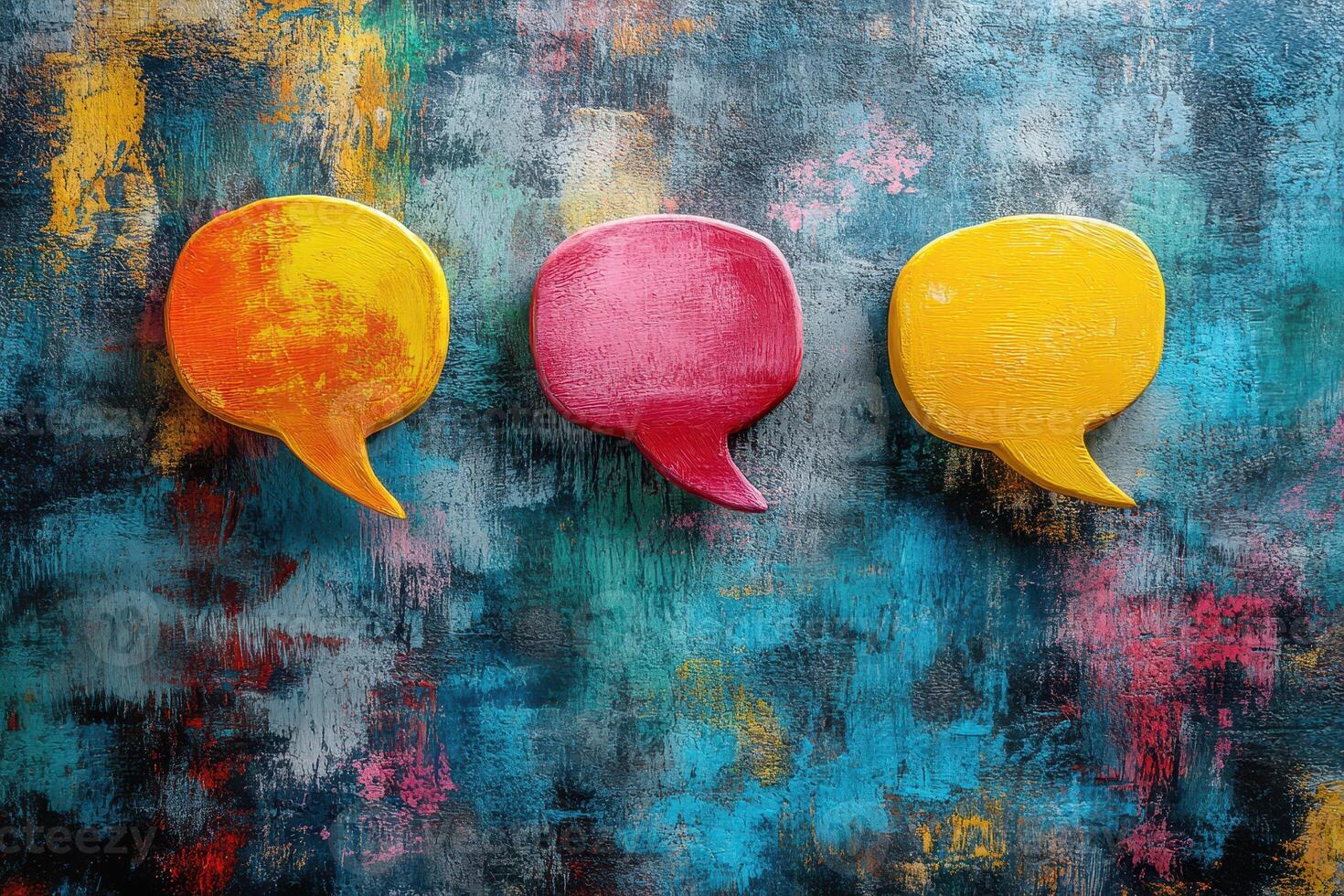 Three colorful speech bubbles on a grungy background photo