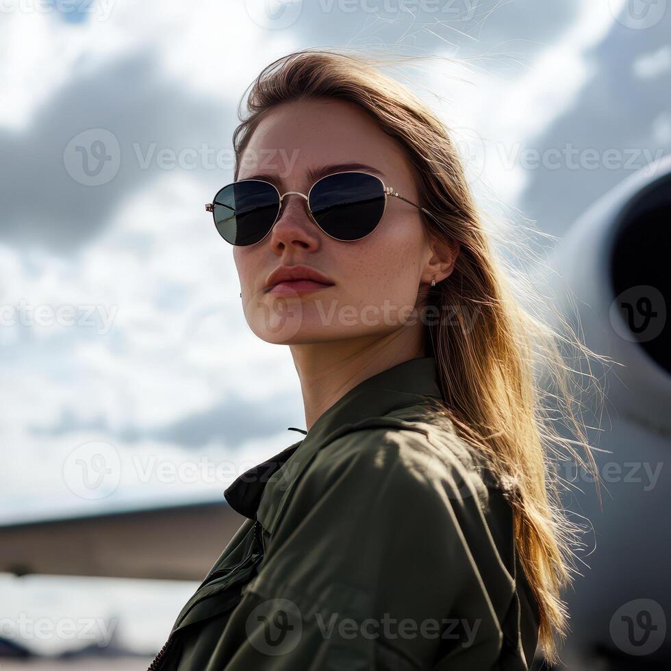 A woman in sunglasses standing in front of an airplane photo