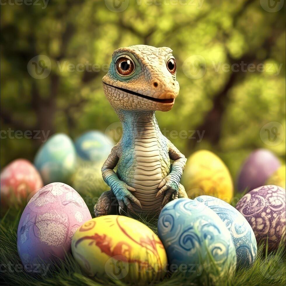 An image of a dinosaur sitting in front of a bunch of easter eggs photo