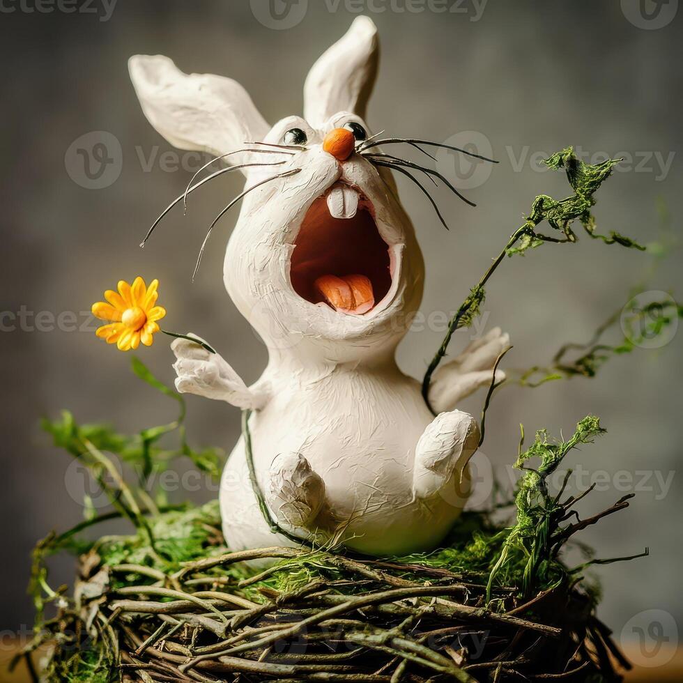 A white rabbit statue sitting in a nest with grass and flowers photo