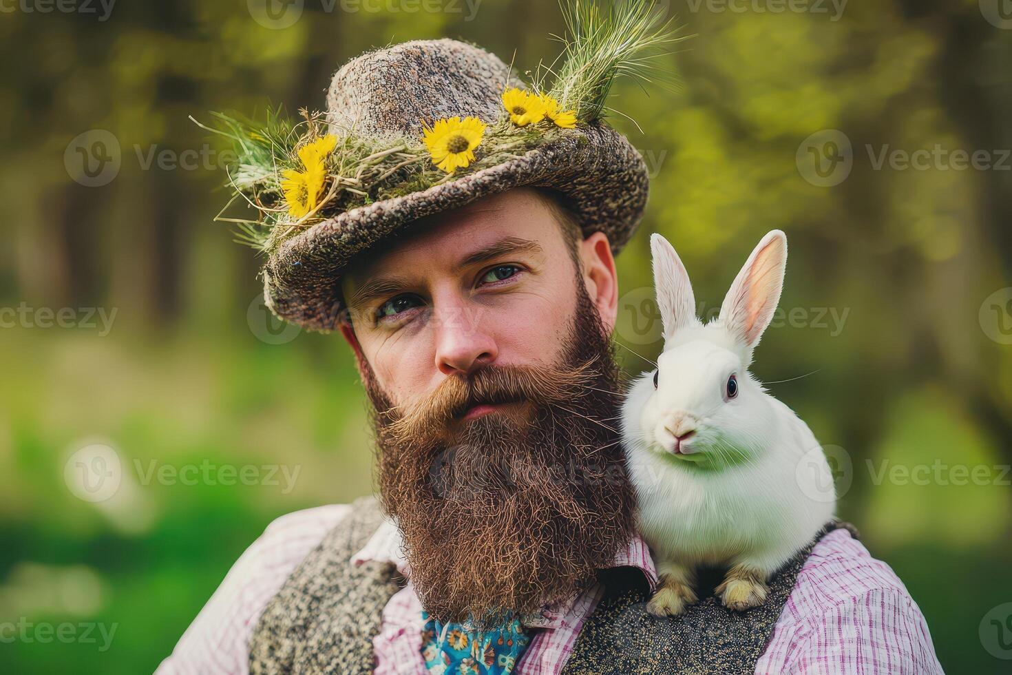 A man with a beard and hat holding a rabbit photo