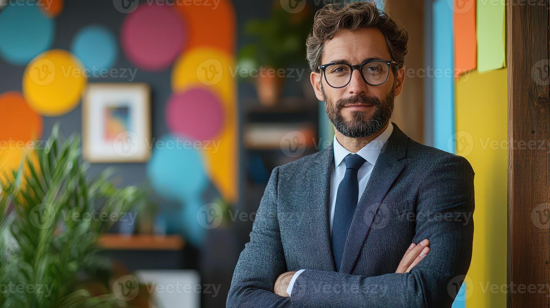 A man in a suit and tie standing in front of colorful wall photo