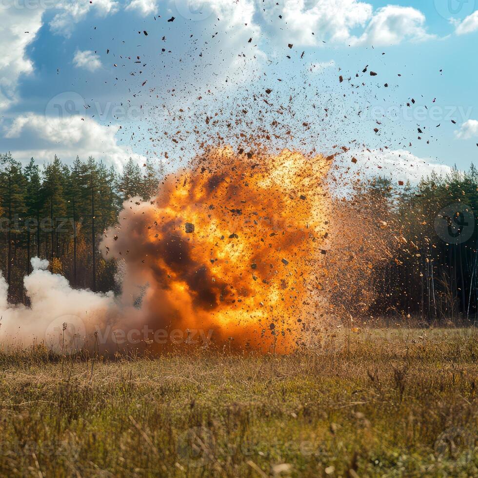 A large explosion is seen in the middle of a field photo