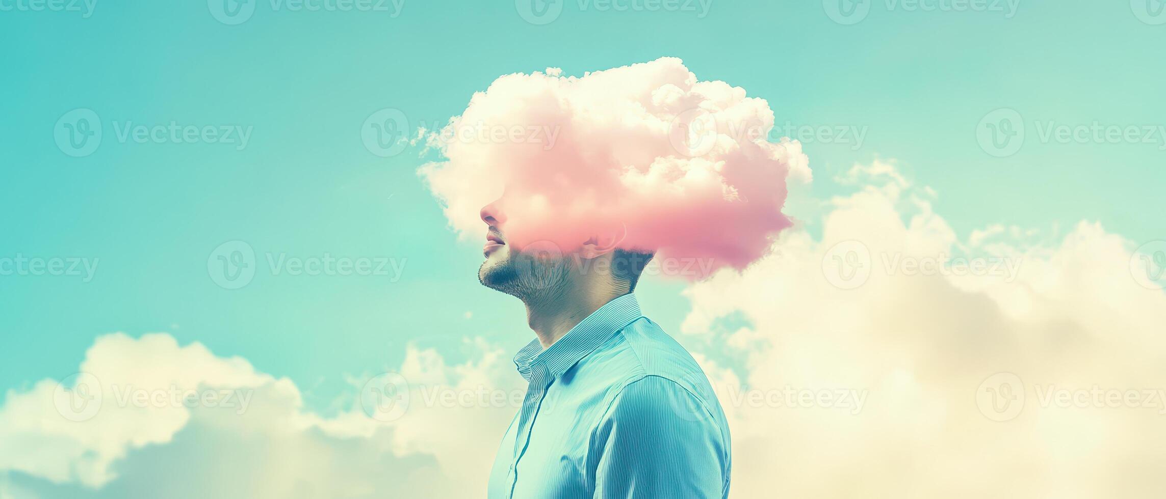 Man with a cloud for a head in a surreal landscape photo