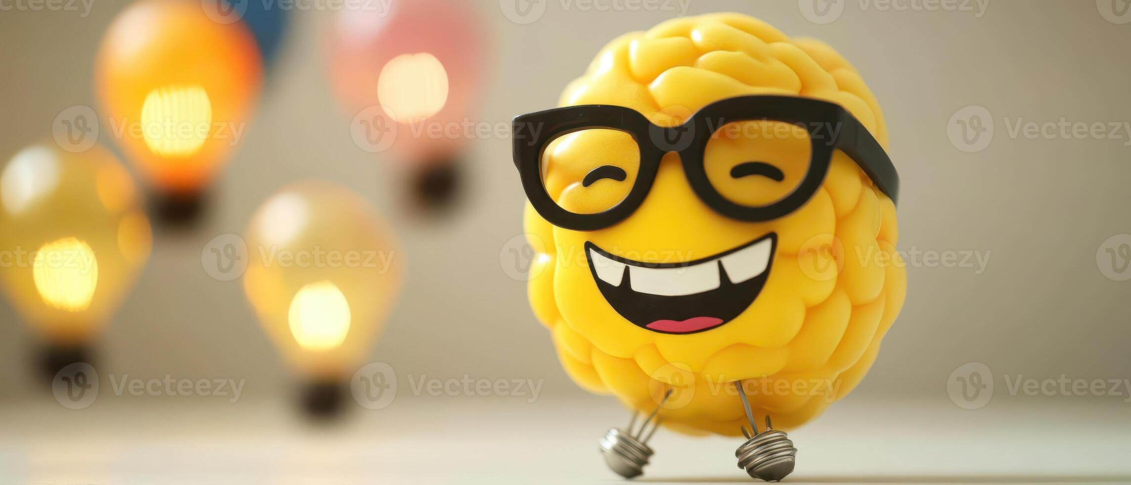 Happy cartoon brain with glasses and light bulbs photo