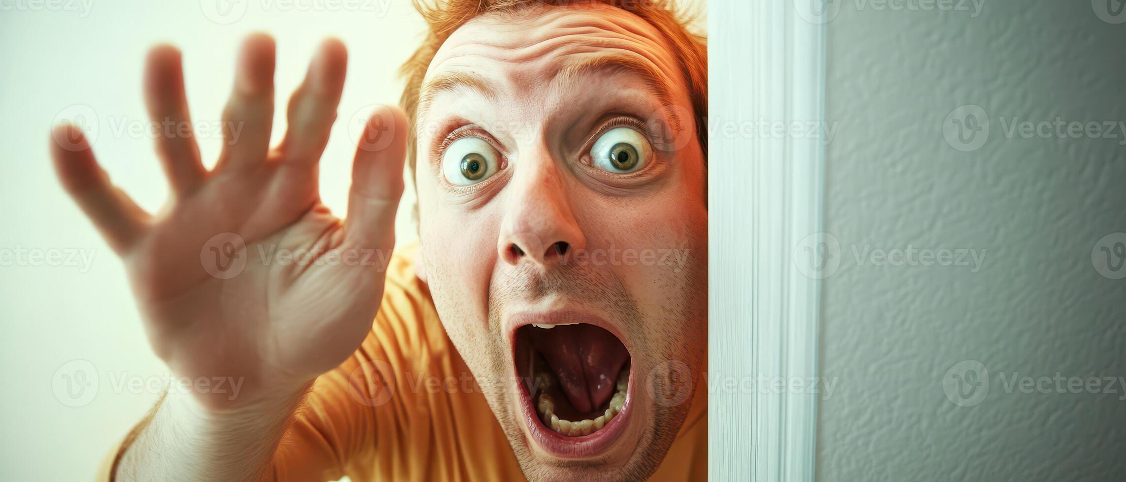 Man showing surprise while peeking around a corner photo