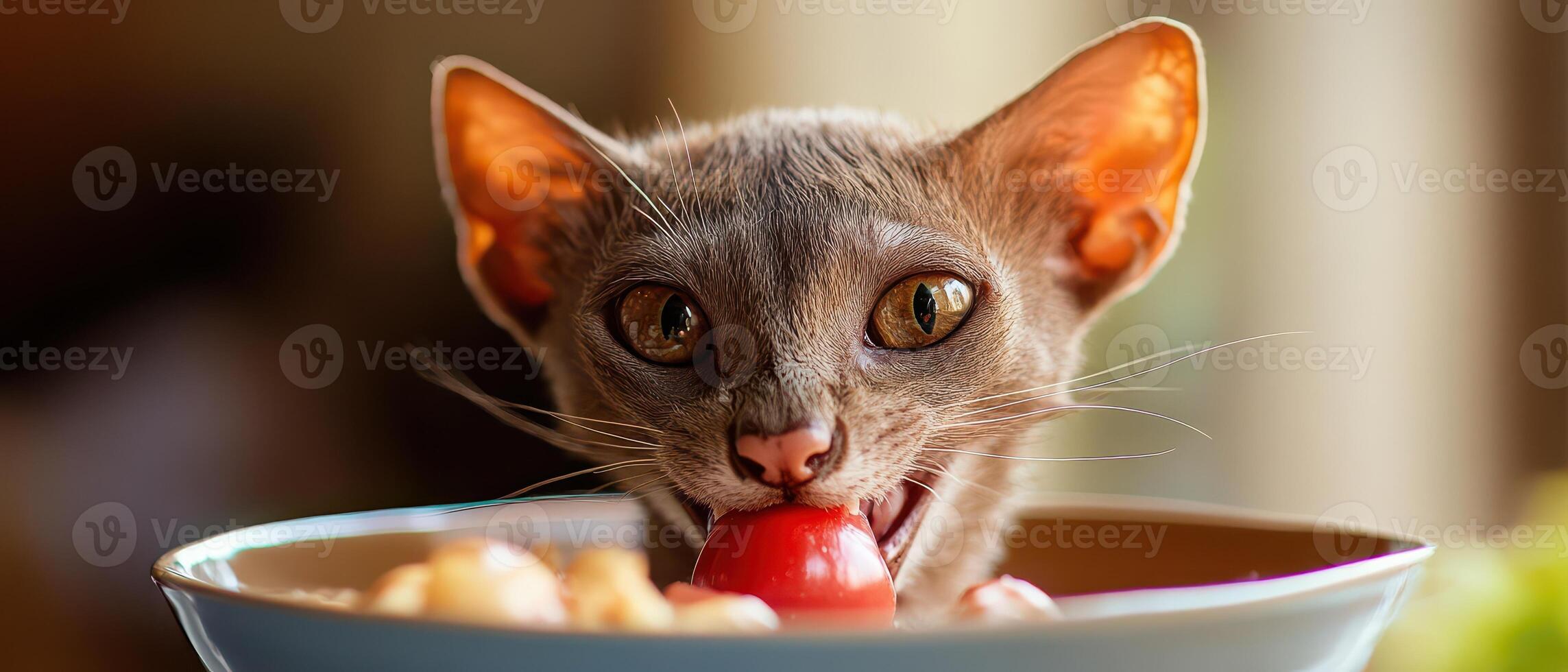 Cat enjoys small red tomato in bowl photo