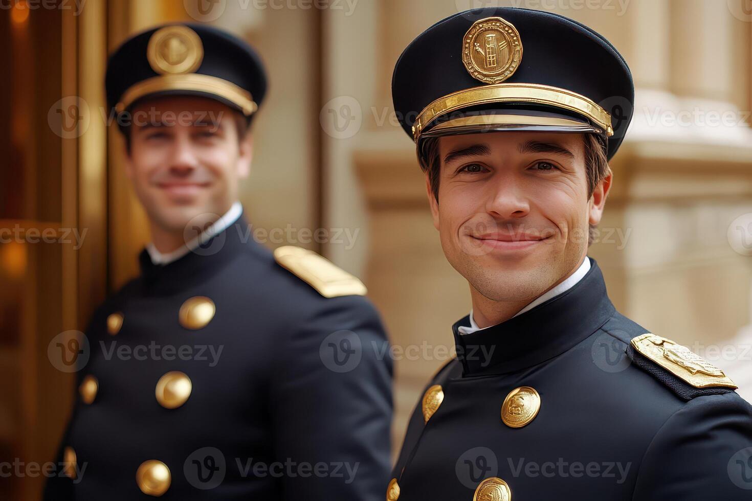 Doormen in uniforms stand at entrance photo