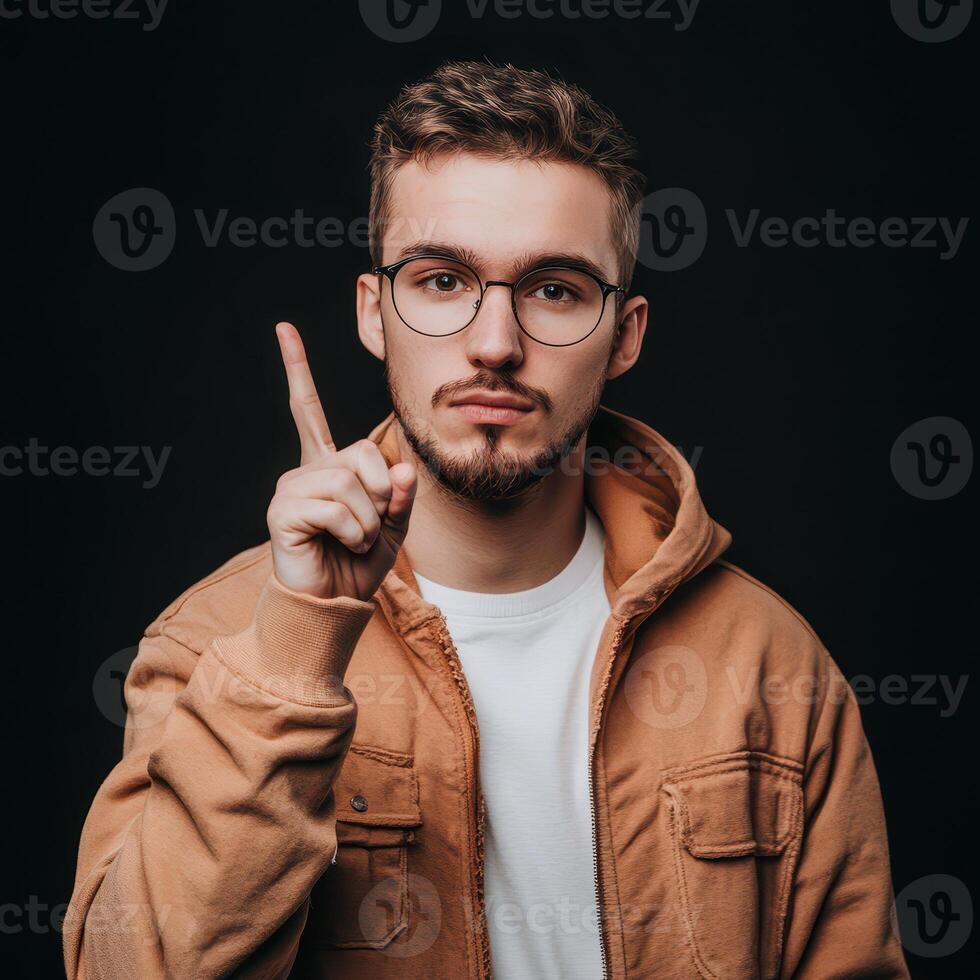 Young man gestures with raised finger photo