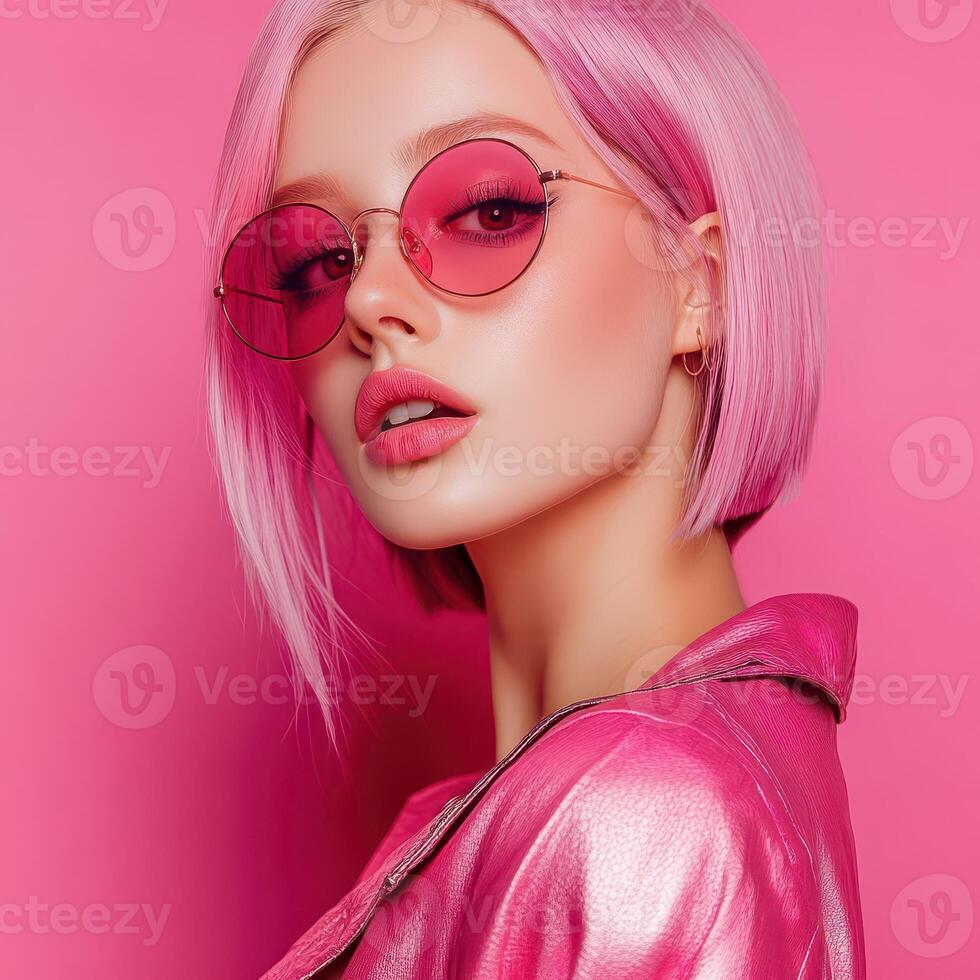 Chic model with pink hair in vibrant scene photo