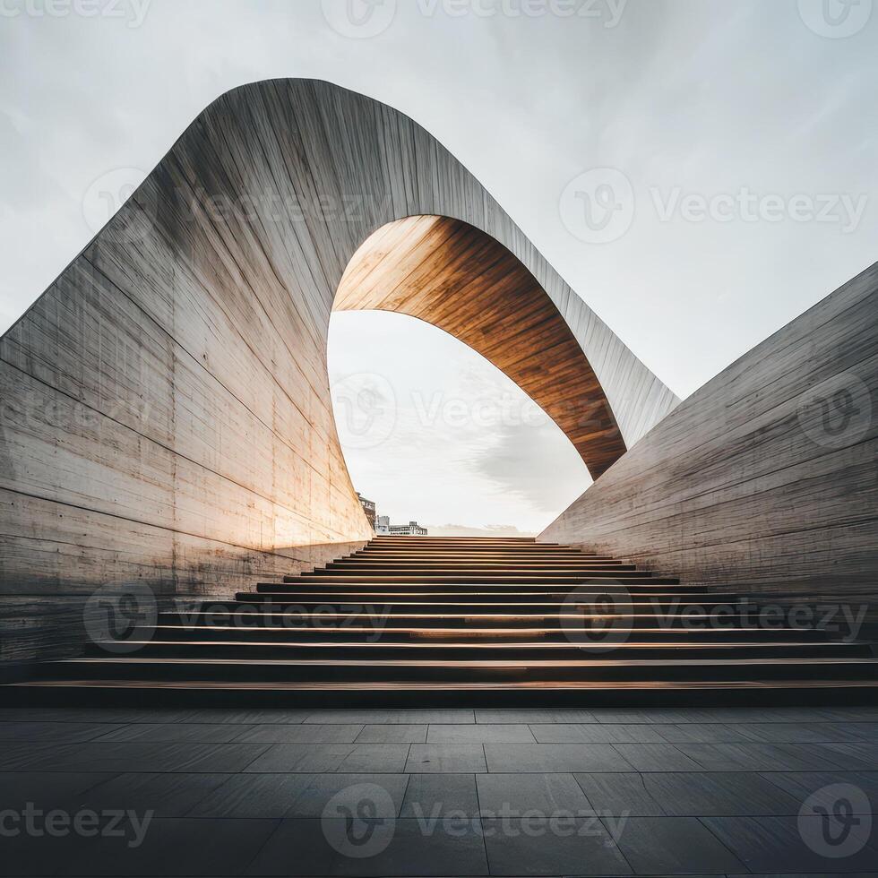 A staircase leading to a curved building photo