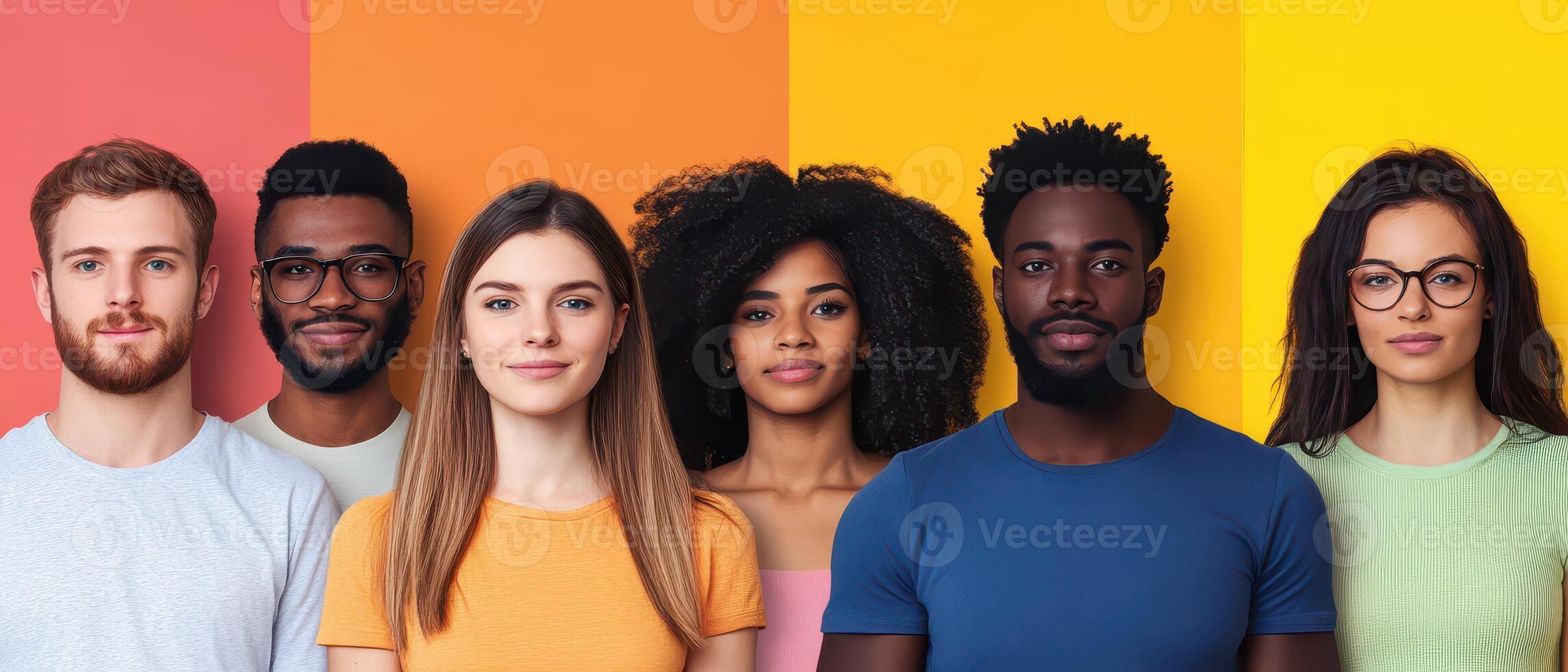 A group of people standing in front of a colorful background photo