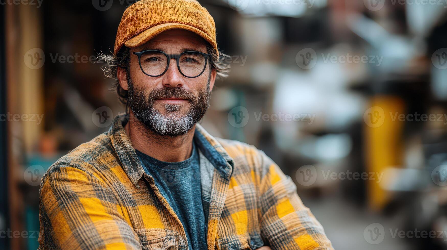 A man with glasses and a hat is standing in front of a building photo