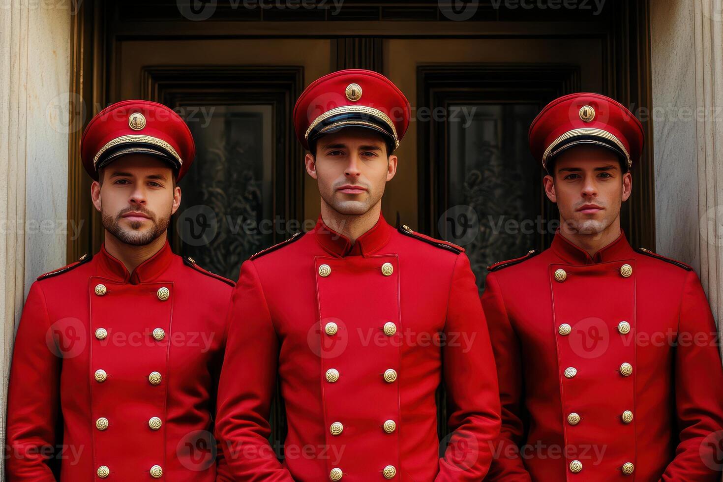 Three men in red uniforms standing in front of a door photo