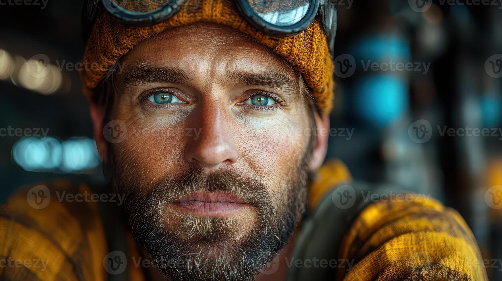 A man with a beard and goggles looks into the camera photo