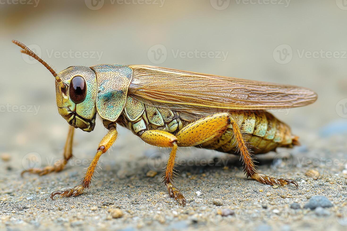 A grasshopper with a large head and long legs photo