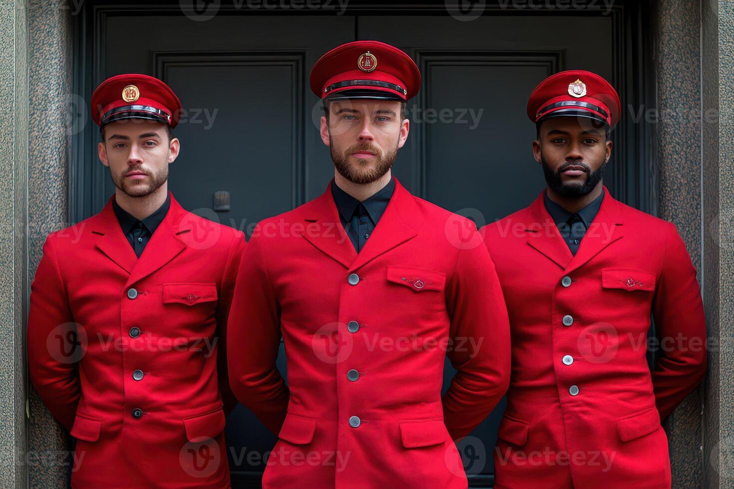 Three men in red suits standing in front of a door photo