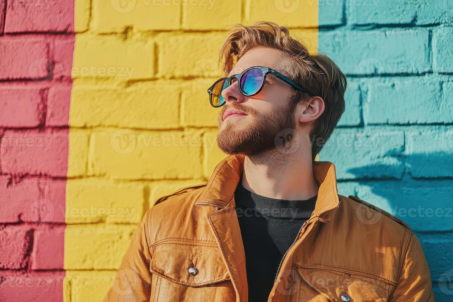 A man with sunglasses and a beard is standing in front of a colorful wall photo