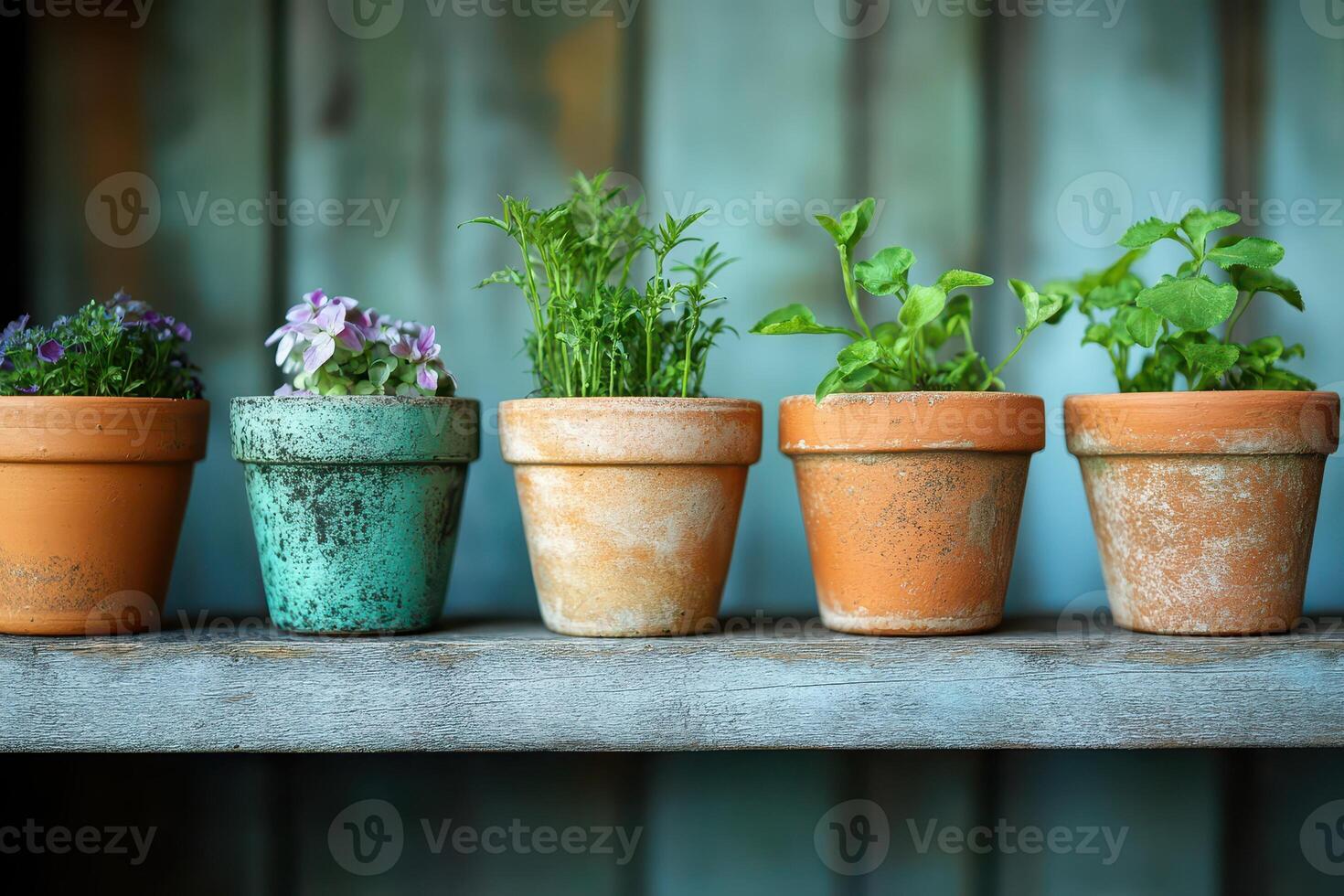 Five pots with different plants in them photo