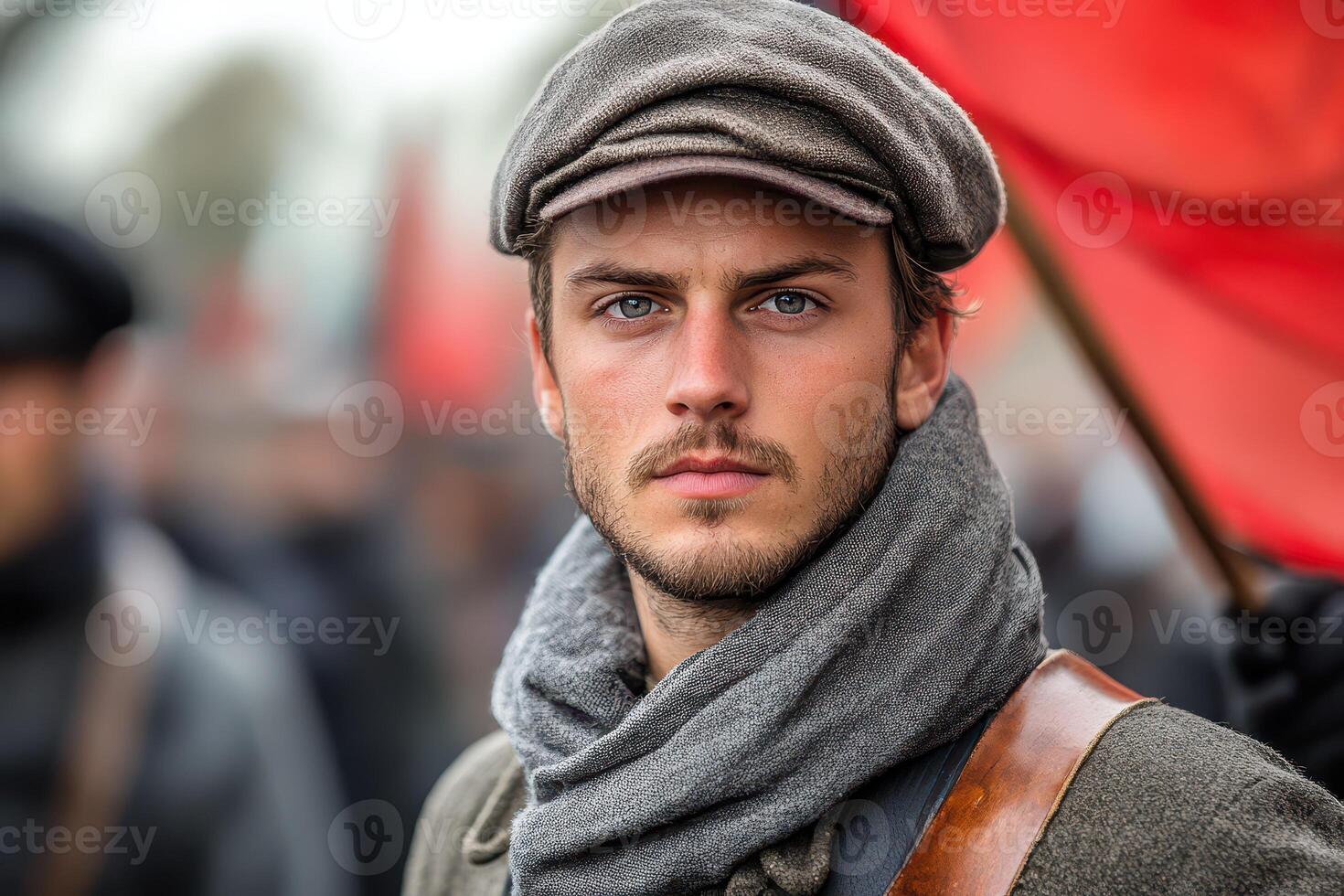 A man with a hat and scarf in the middle of a crowd photo
