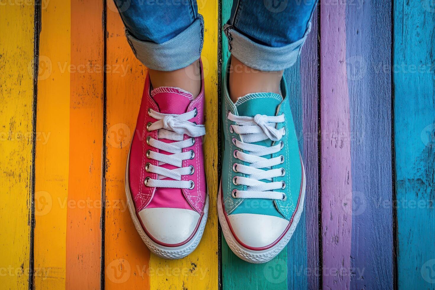 Colorful shoes on a rainbow background photo