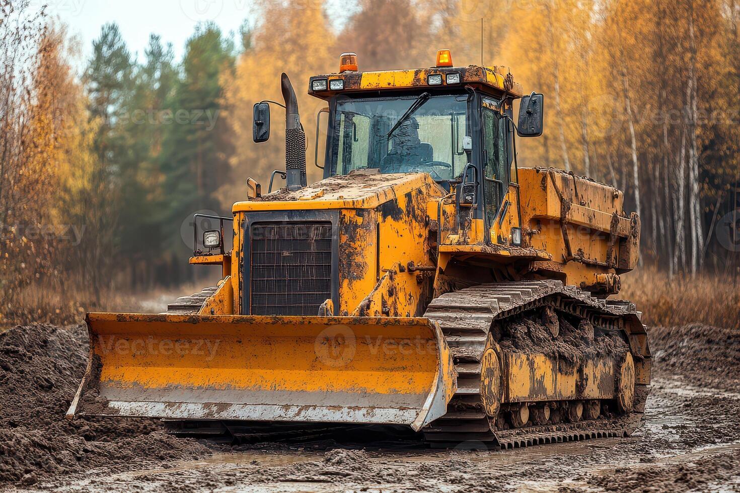 A bulldozer is driving through a muddy field photo