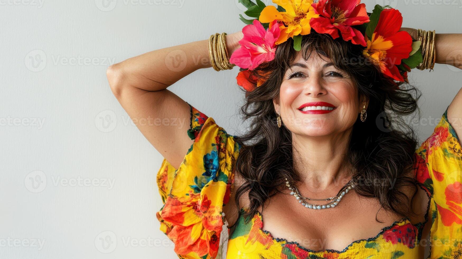 Radiant Woman with Flowers Crown, Floral Beauty and Joyful Smile. photo