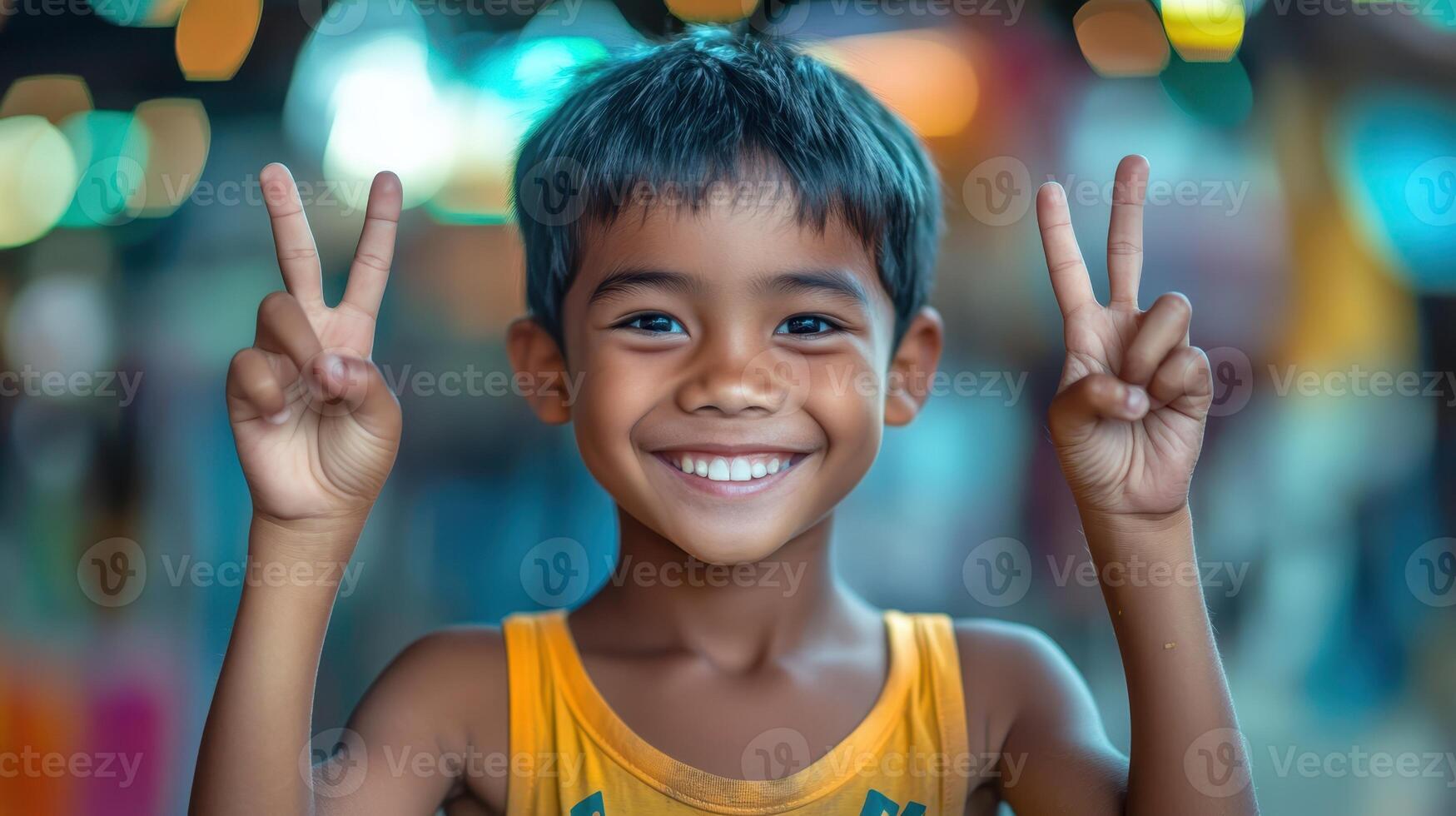 Happy Smiling Boy Giving Peace Sign with Hands Expressing Joy and Positive Attitude photo