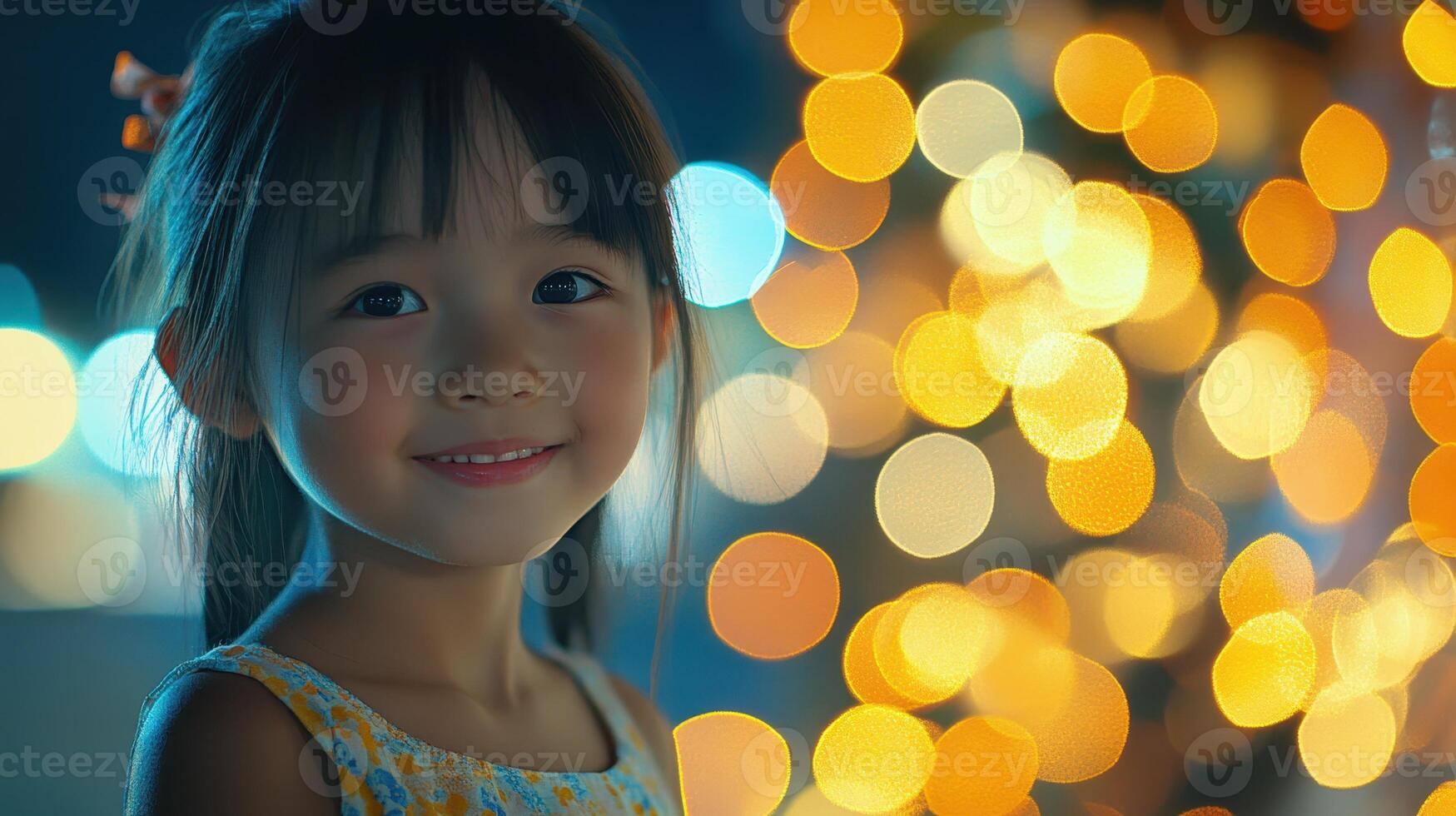 Charming Young Girl Portrait with Bokeh Lights Background Smiling Lovingly photo