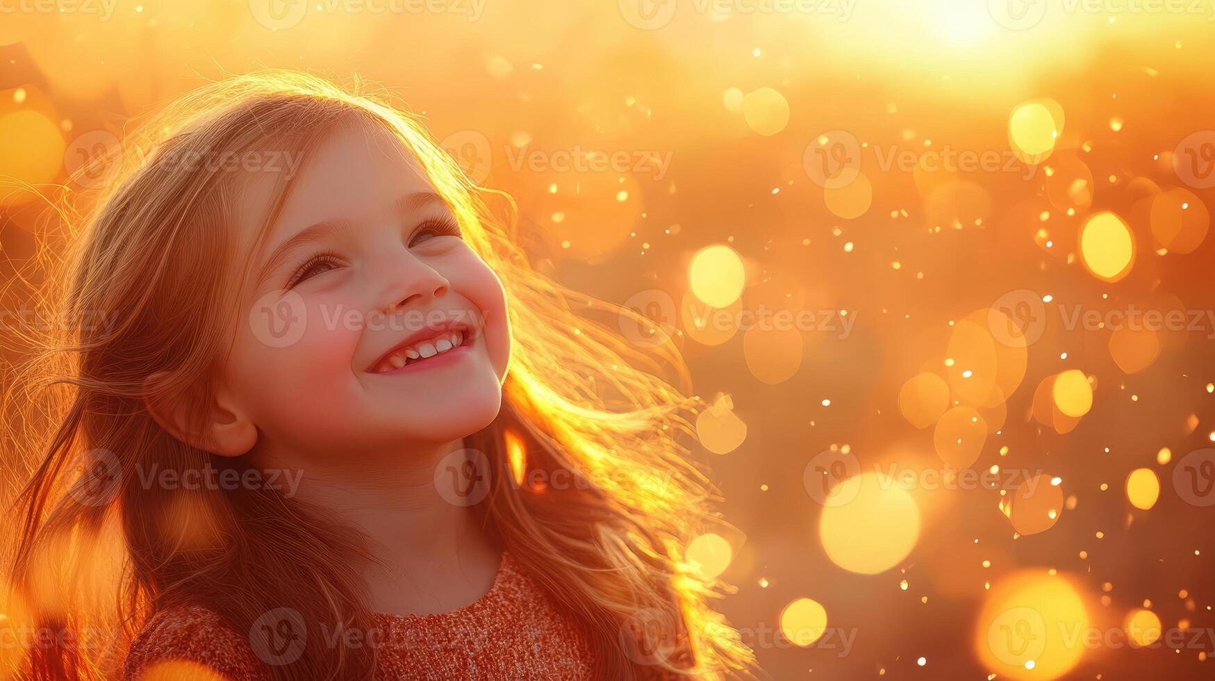 Happy Smiling Girl with Blonde Hair and Golden Bokeh Background. Sunlight Dreams photo