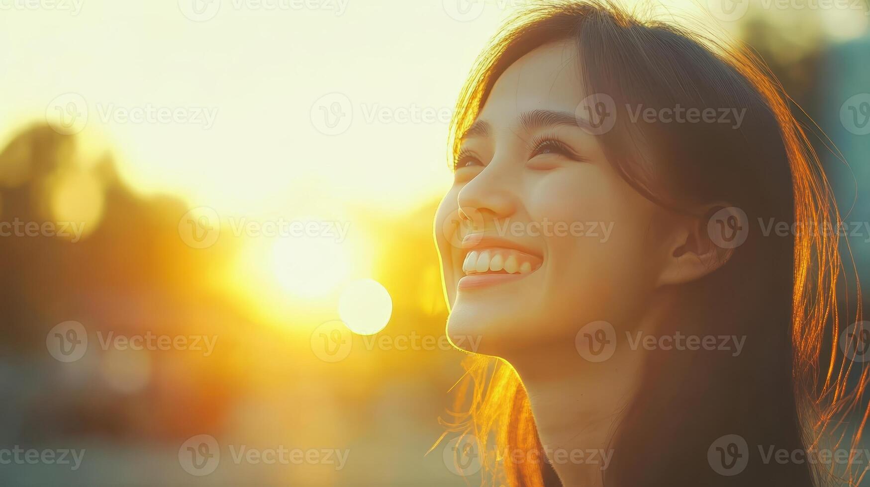 Radiant Smile, Young Woman Embraces Golden Sunset's Warmth and Joyful Light photo
