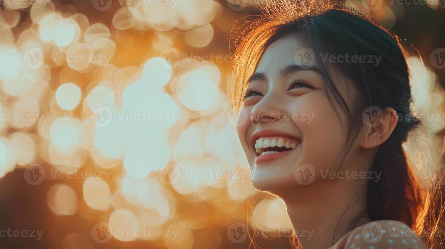 Radiant Smile Happy Woman with Golden Light and Joyful Expression photo