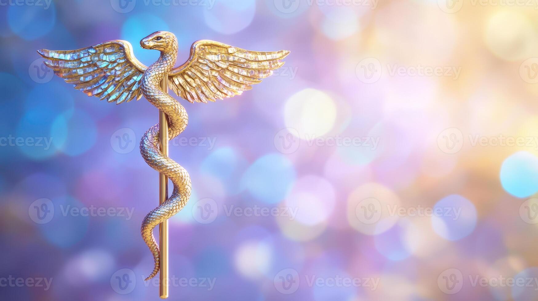 Golden Caduceus Medicine Symbol with Wings on Bokeh Background for Healthcare and Medical Services photo