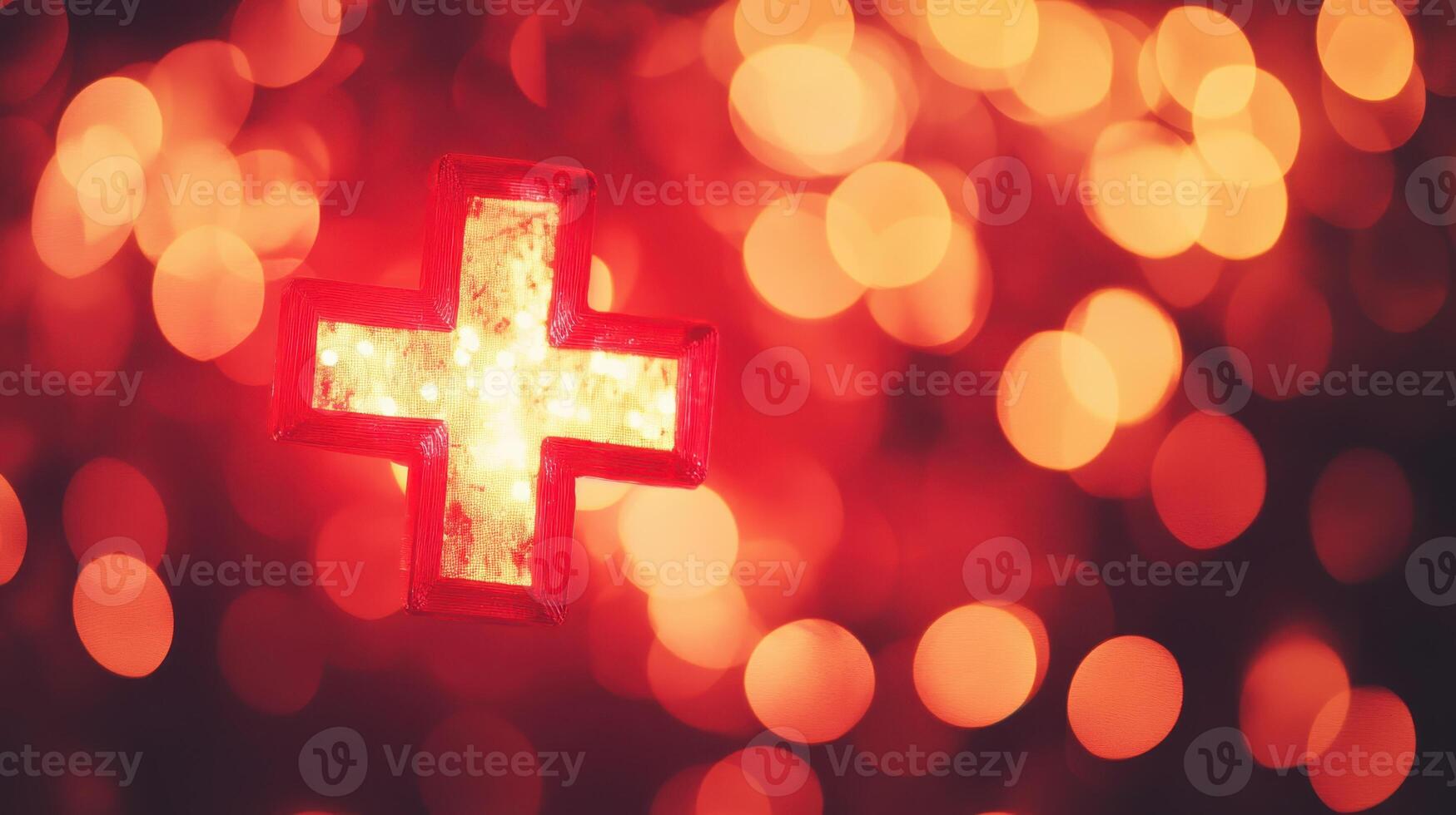 Glowing Light Cross Against Blurry Red Bokeh Background for Christmas Festive Design photo