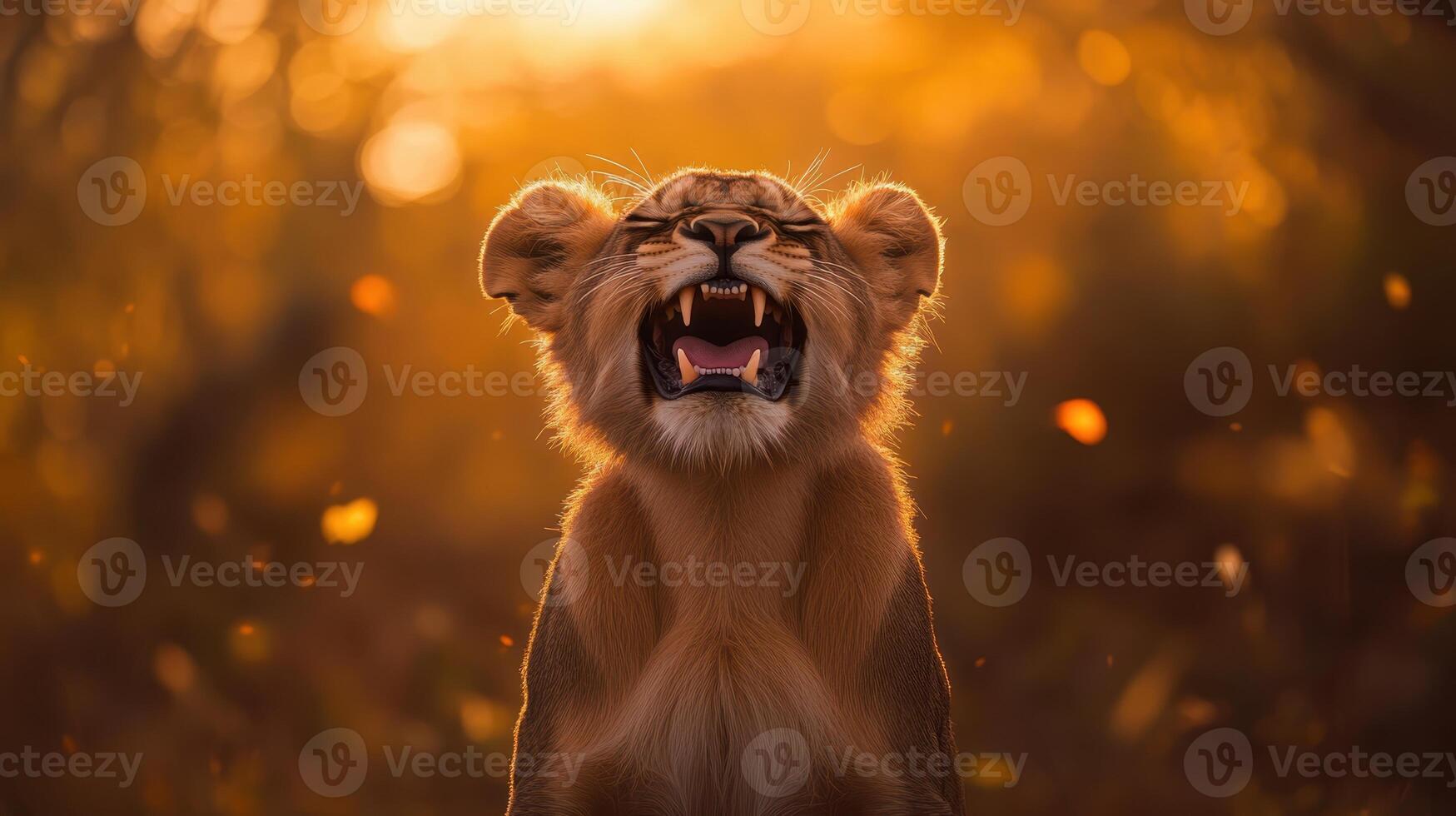 Lion Roaring Portrait in Golden Light, Close-up Showing Teeth and Expression of Wild Animal. photo