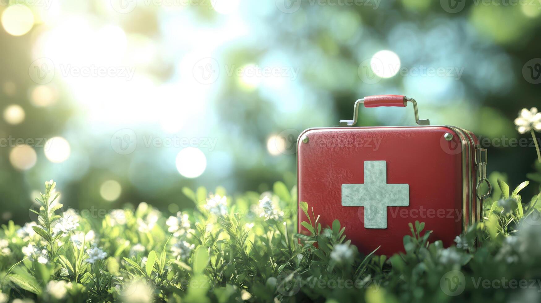 Red First Aid Kit With Plus Symbol in Nature Environment Offering Emergency Medical Help for Health Wellness photo
