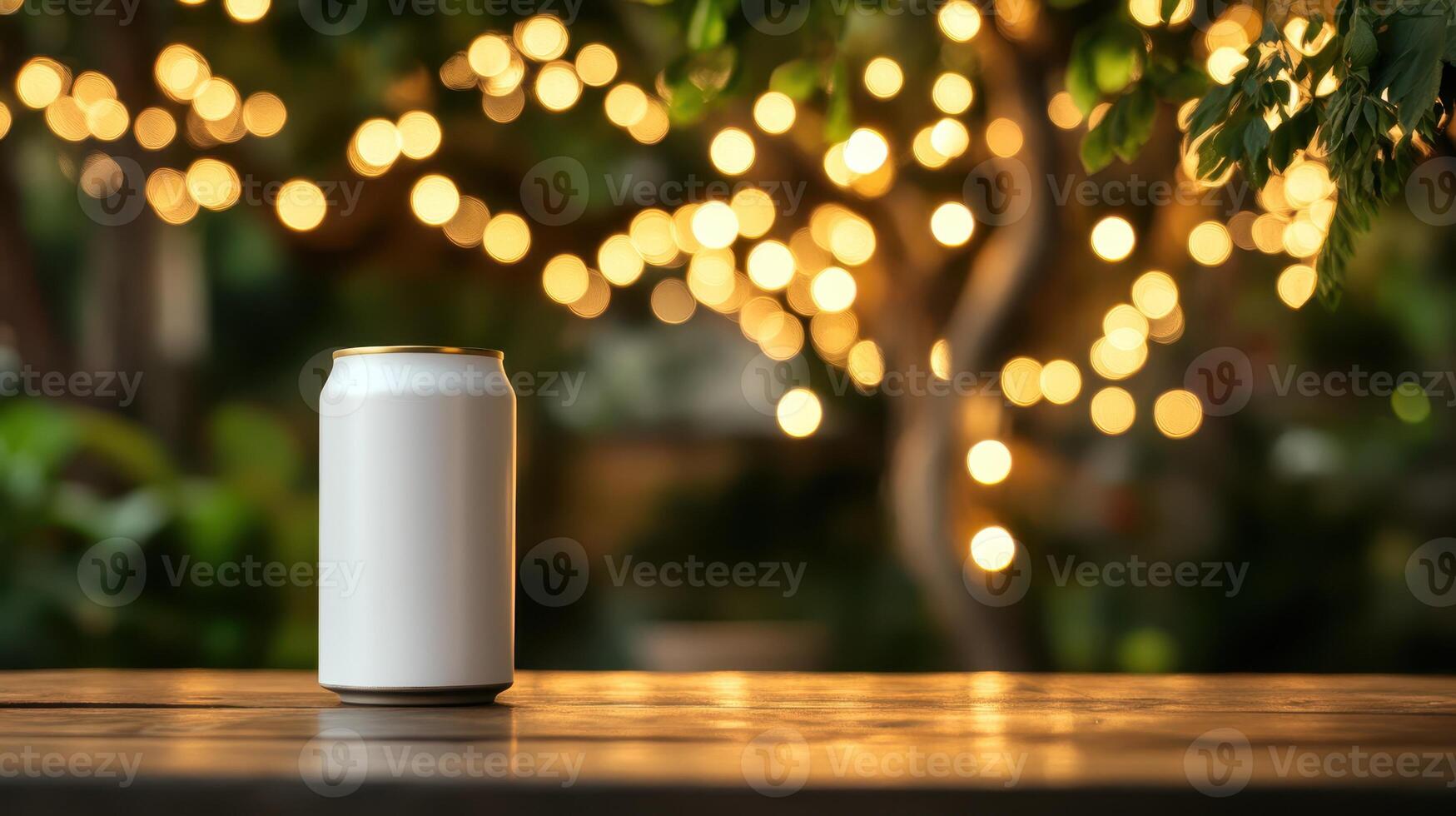 Refreshing Drink, White Can on Wooden Table with Bokeh Lights, Perfect for Summer Evenings. photo