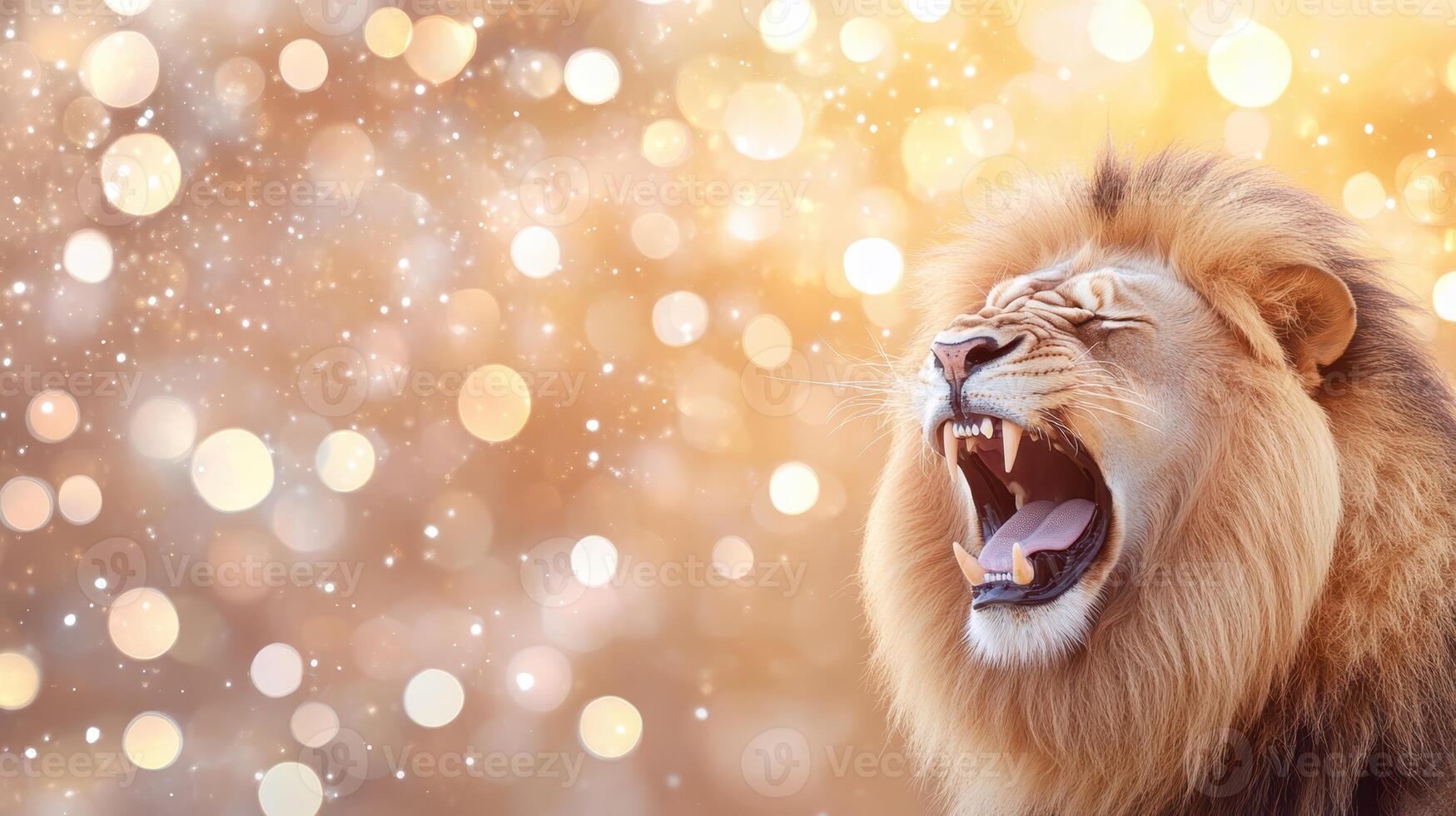 Majestic Roaring Lion Portrait with Golden Bokeh Backdrop - Fierce, Powerful, Regal photo