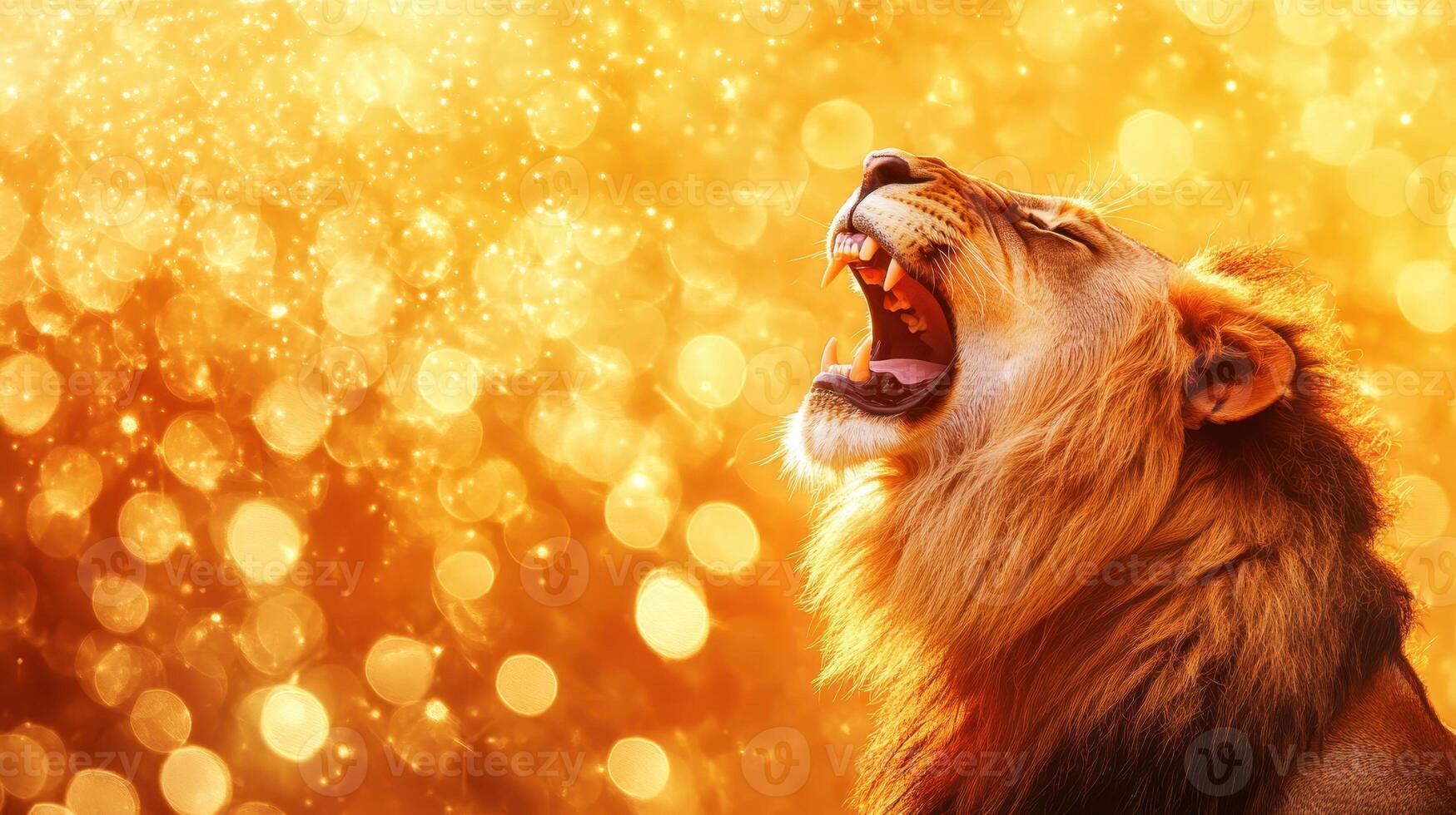 Majestic Roaring Lion Portrait Against Golden Bokeh Backgrounds, Power and Wild photo