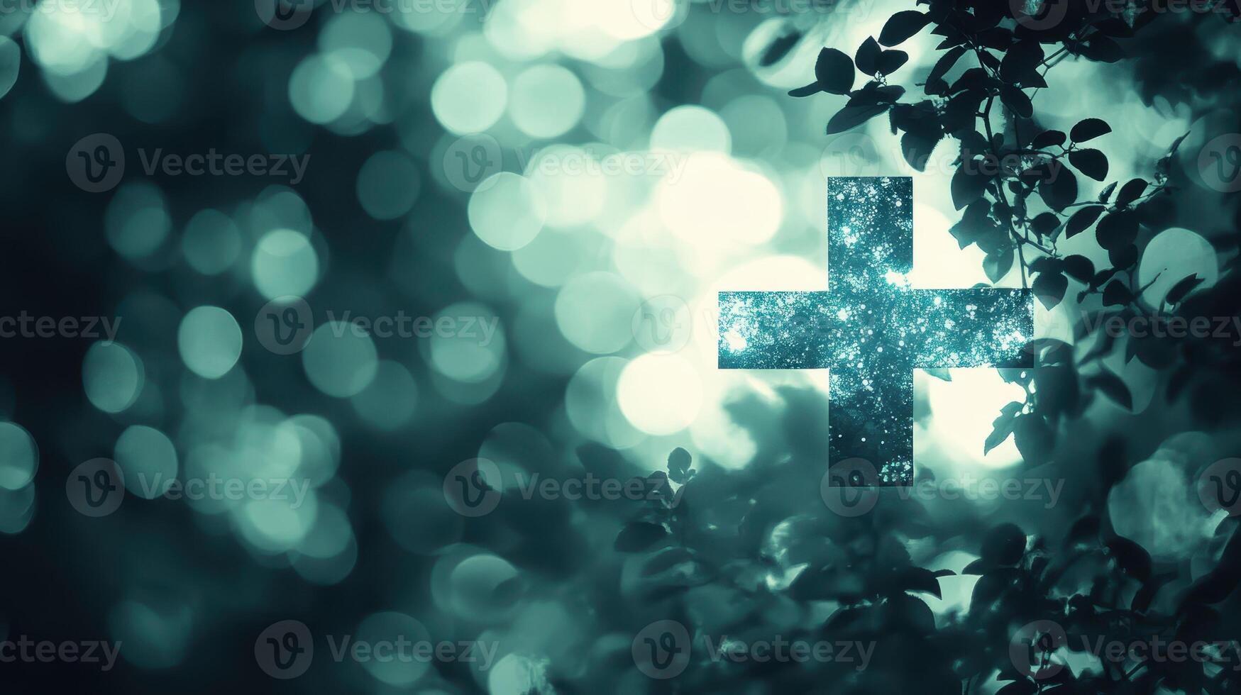 Nature's Cross, Abstract Light Play with Foliage and Teal Hues Creates Serene Feeling. photo