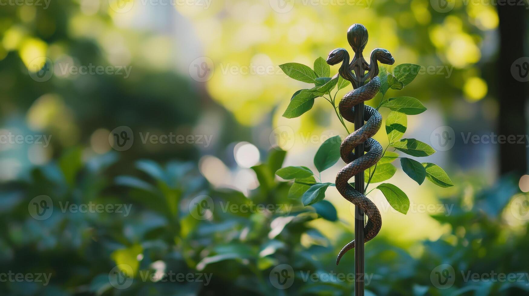 Bronze Caduceus with Snake Coiled around Rod Symbol amidst Lush Greenery photo