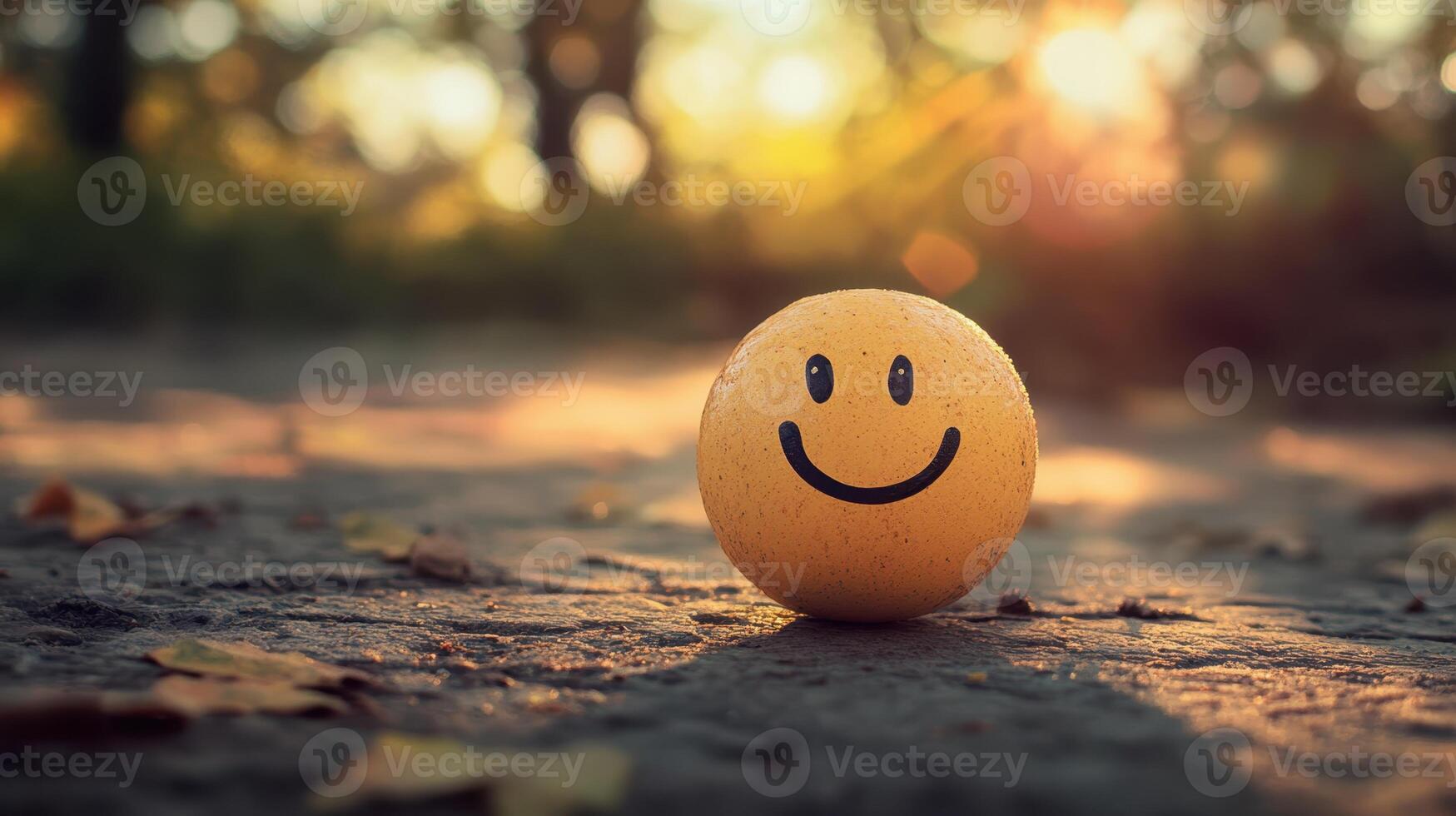 Smiley Face Ball Rolling Down Path at Sunset, Positive Emotions and Outdoor Fun photo