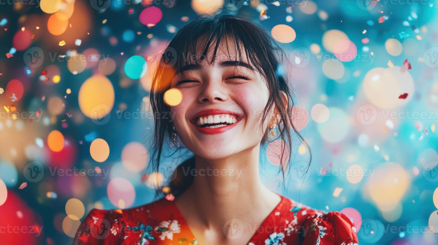 Smiling Celebration, Joyful Woman Radiating Happiness Under Bokeh Lights Rain photo