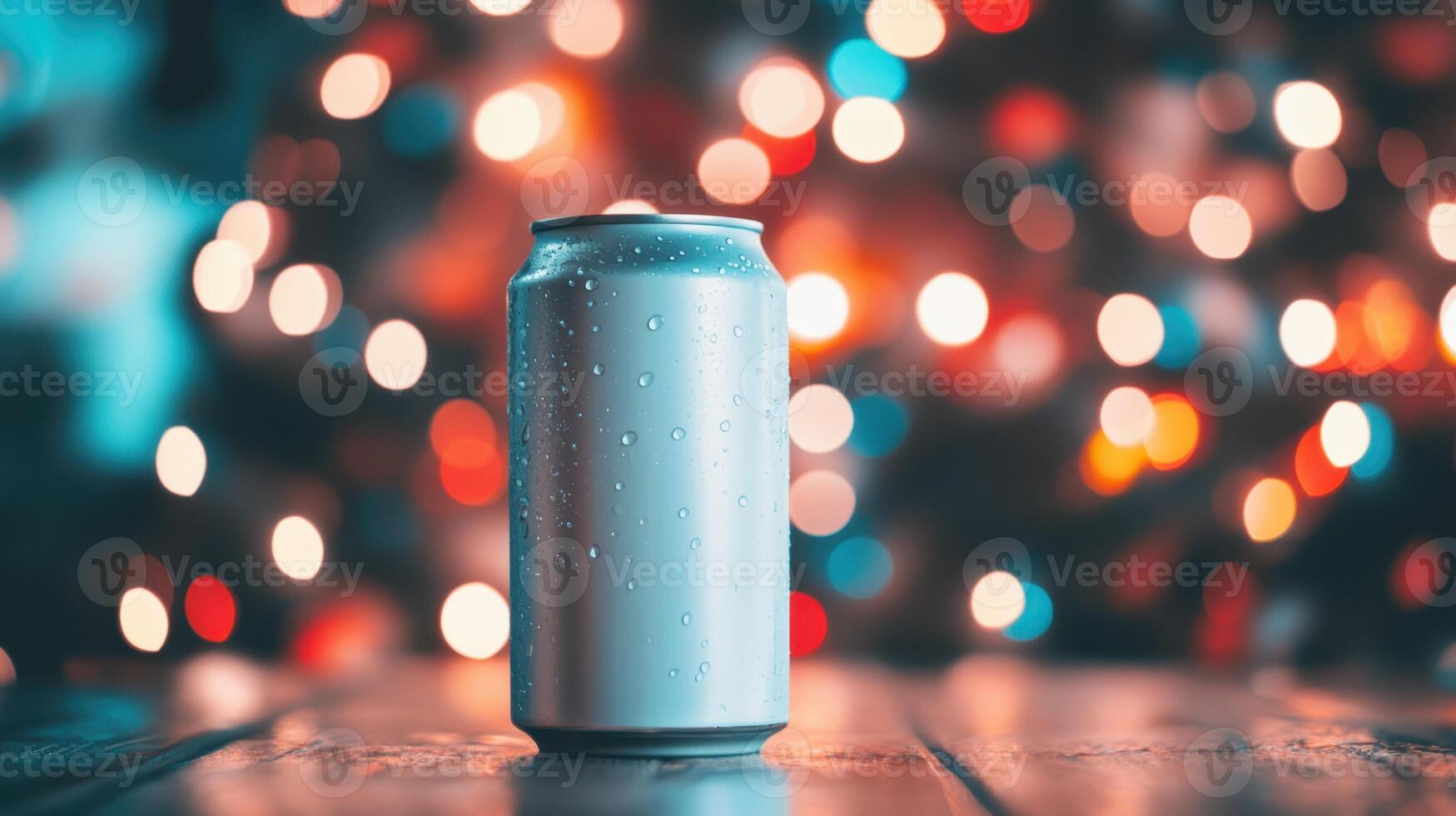 Refreshing Can Drink, Sparkling beverage on wood with bokeh lights background for holiday parties. photo